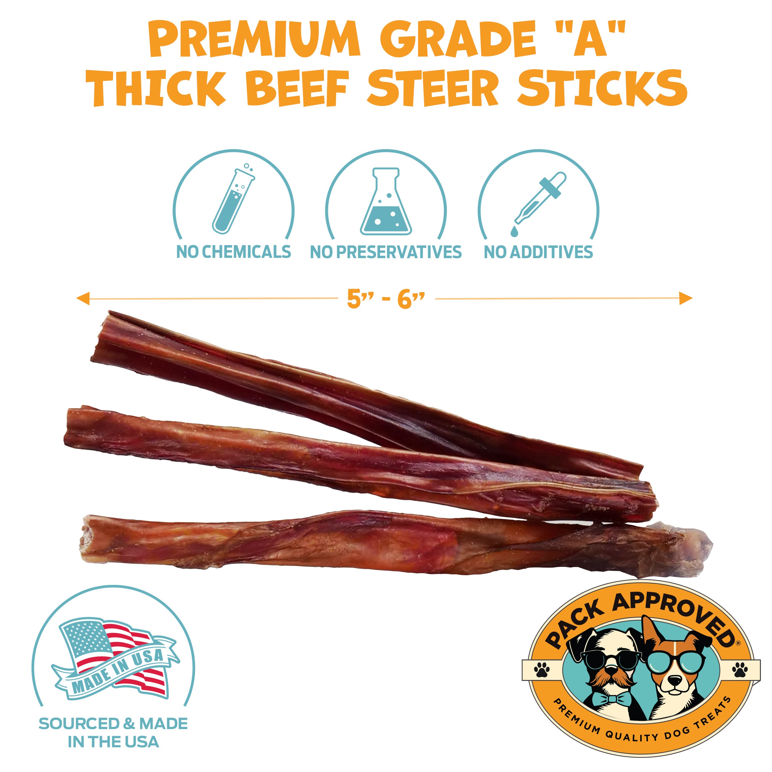 Pack Approved Thick Steer Bully Sticks, 5-6